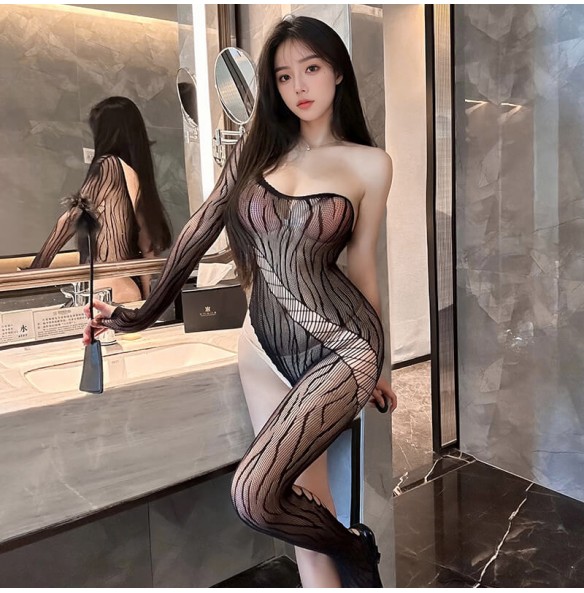 FEE ET MOI - One-Sleeve Asymmetric Mesh Bodystocking (Black) FEE ET MOI - One-Sleeve Asymmetric Mesh Bodystocking (Black)